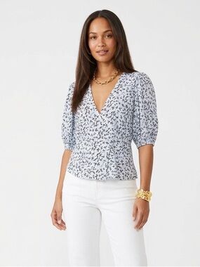 GANNI Light Blue/Gray Printed Floral V-Neck Puff Sleeve Peplum Top